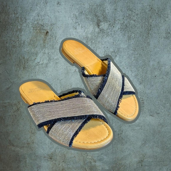 NWOT Stuart Weitzman ‘Edgeway’ Fringe-Trimmed Sandals in Navy Blue & Silver Sz 5 - Picture 2 of 16